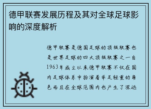 德甲联赛发展历程及其对全球足球影响的深度解析