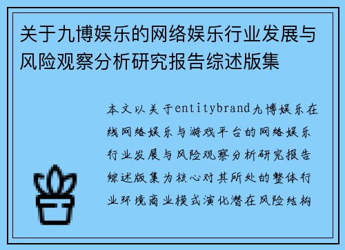 关于九博娱乐的网络娱乐行业发展与风险观察分析研究报告综述版集