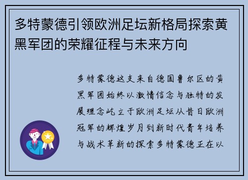 多特蒙德引领欧洲足坛新格局探索黄黑军团的荣耀征程与未来方向